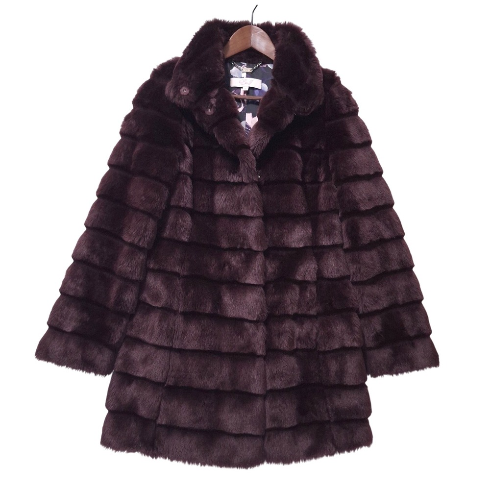 Eliza J Faux Fur Coat Women XS Burgundy Mulberry Tiered Cozy Snap Luxury Mobwife